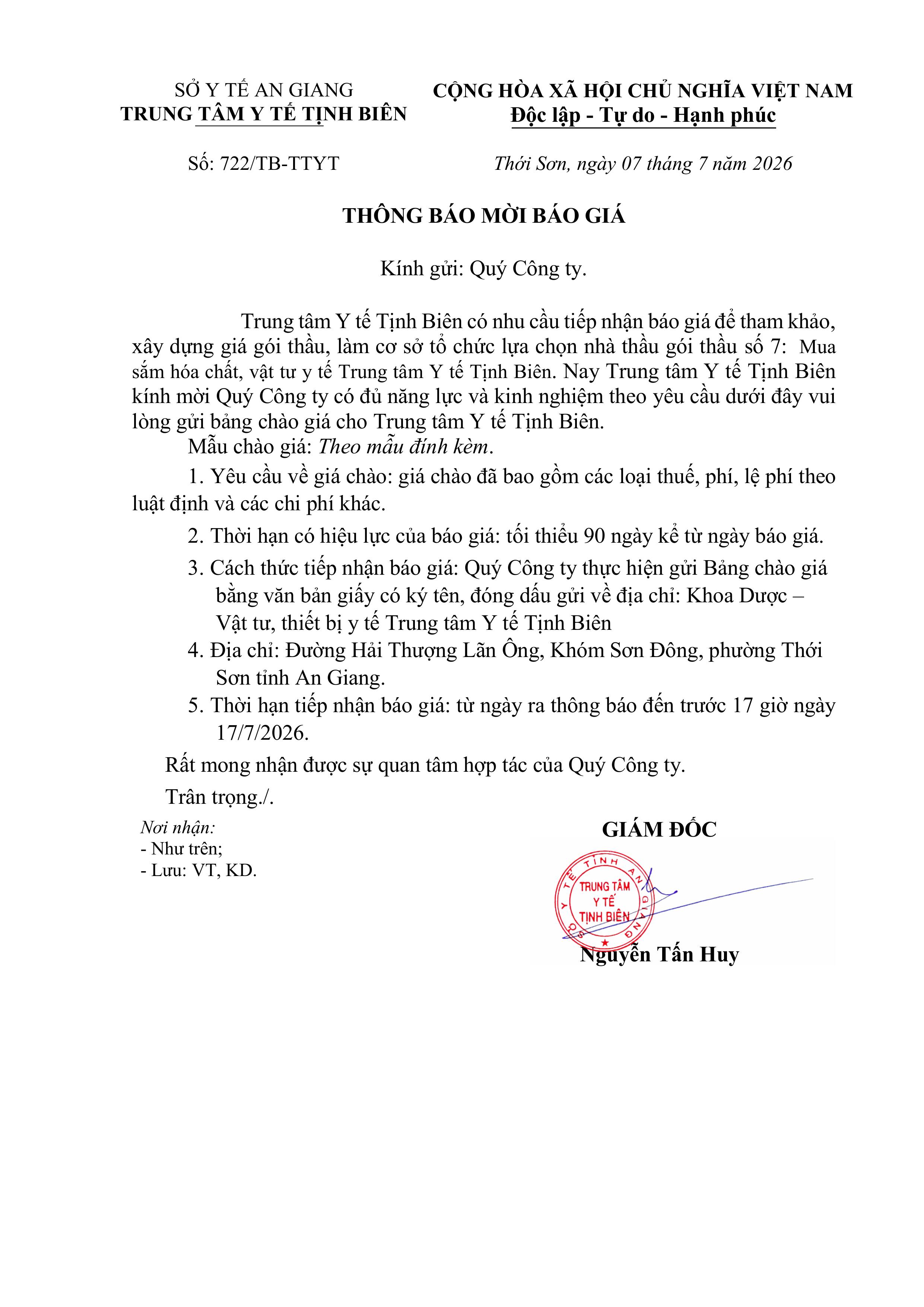 722 TTYT TỊNH BIÊN THÔNG BÁO MỜI CHÀO GIÁ GÓI THẦU HÓA CHẤT VẬT TƯ Y TẾ NĂM 2026.signed images 0