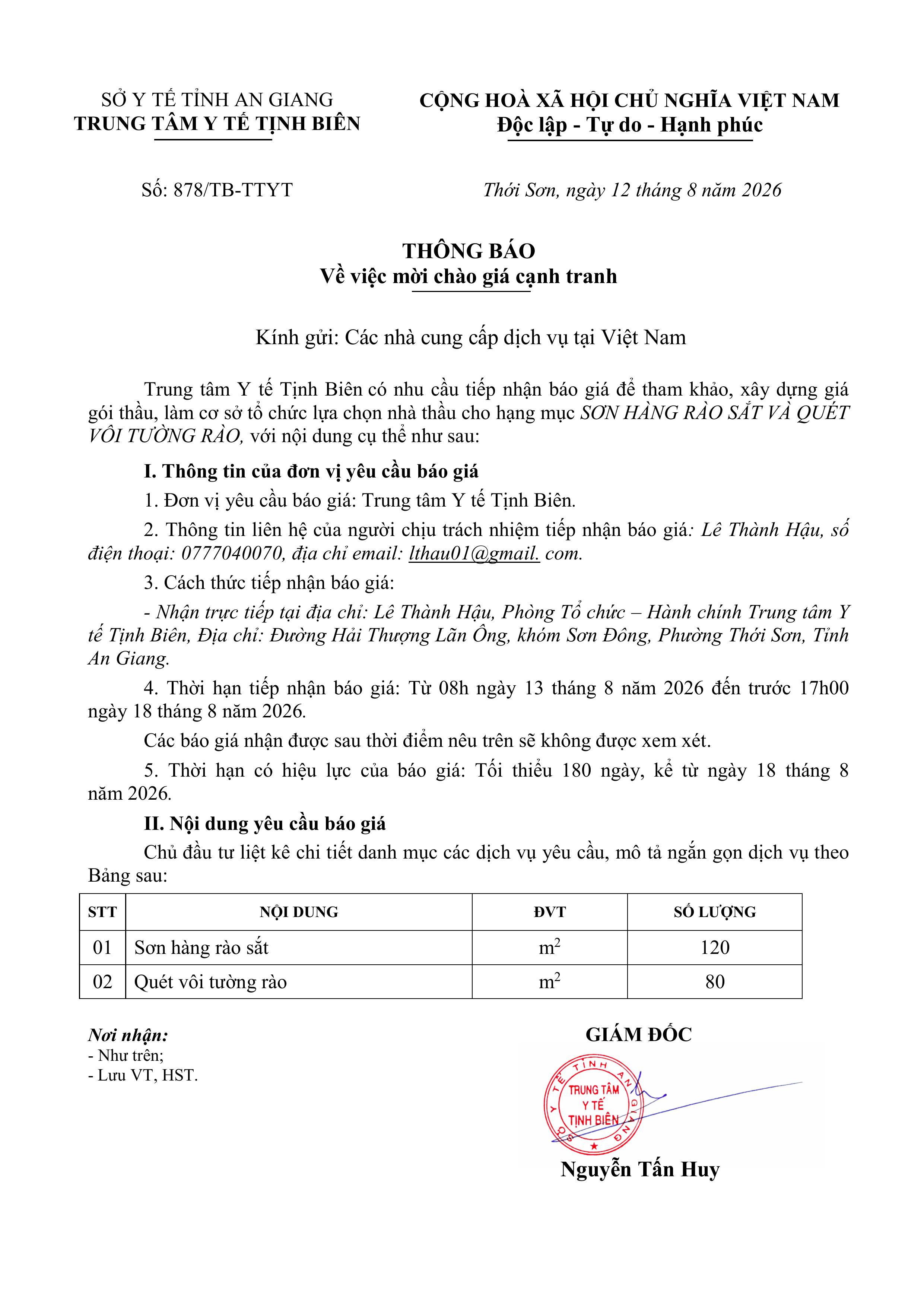 878 TTYT Tịnh Biên Thông báo Về việc mời chào giá cạnh tranh Sơn hàng rào sắt và quét vôi tường rào.signed images 0
