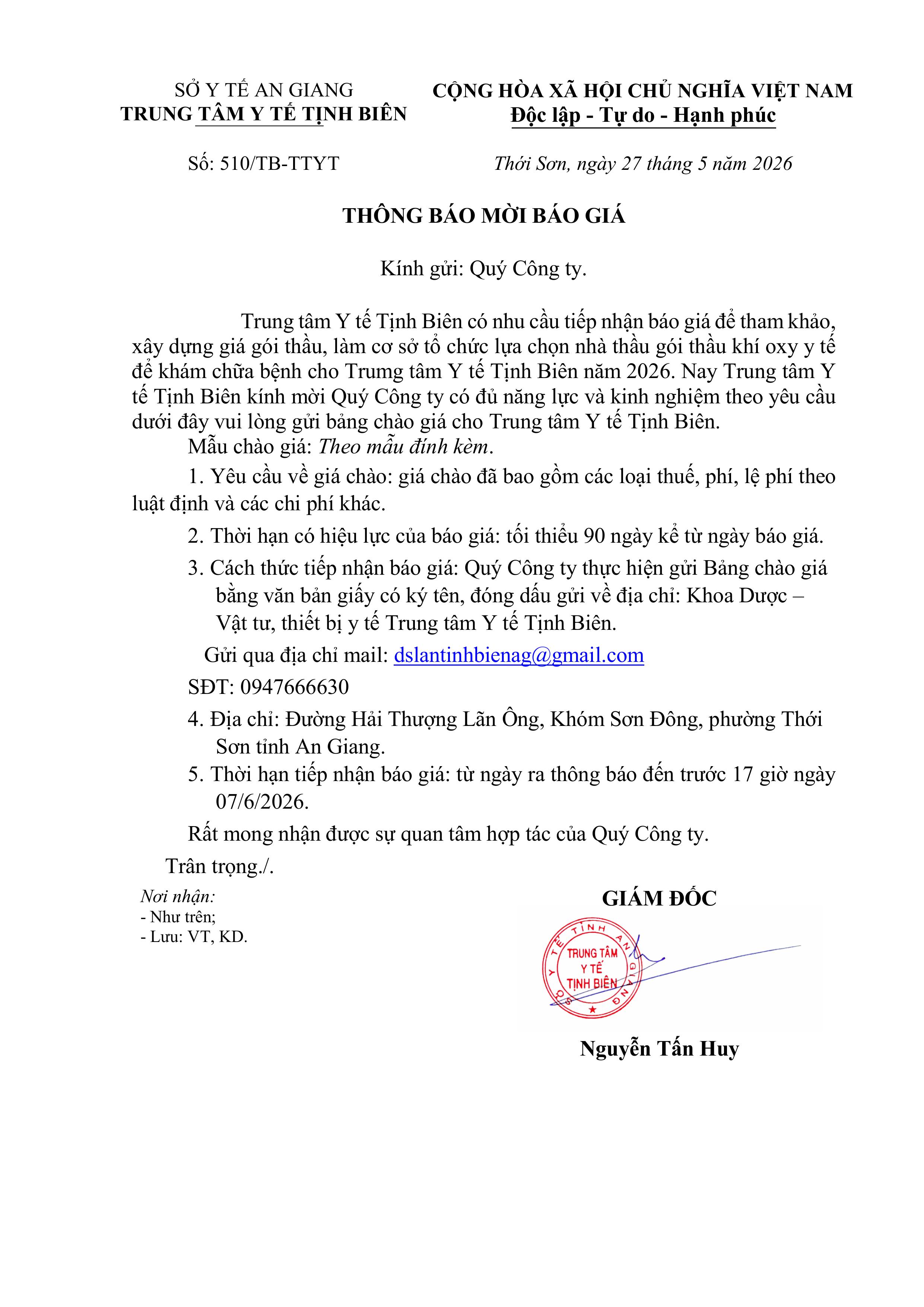 THÔNG BÁO MỜI CHÀO GIÁ GÓI THẦU KHÍ OXY Y TẾ NĂM 2026 images 0