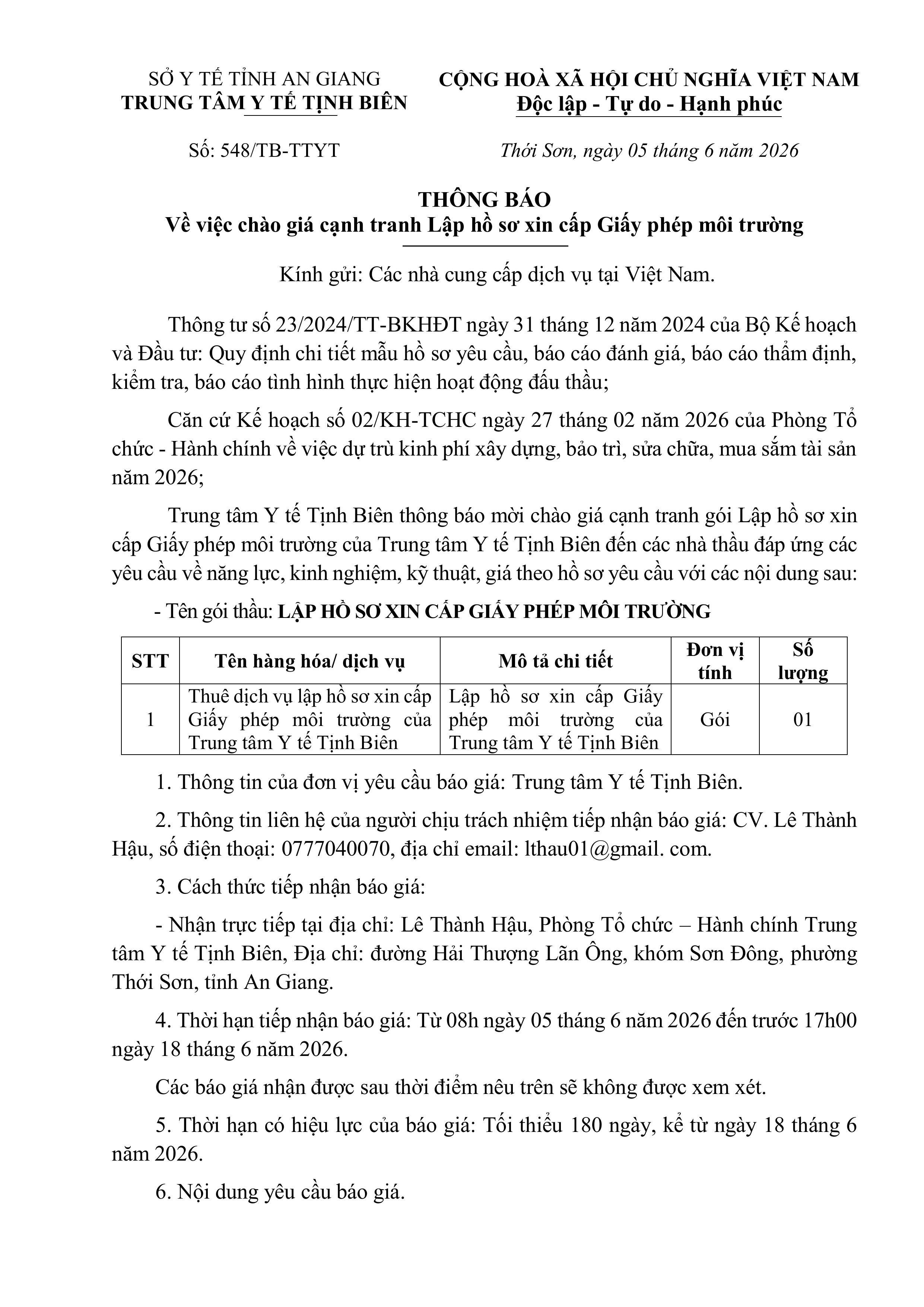 Thông báo chào giá Lập giấy phép môi trường images 0